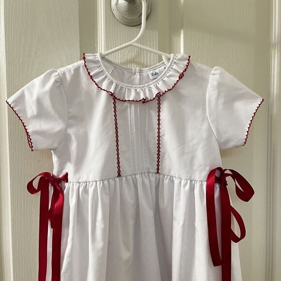 Lulu Bebe White and Red Natalie Embroidered Dress Side Bows Girls Size 4T - Picture 2 of 11